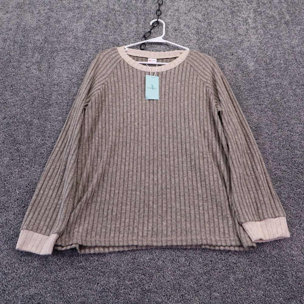 WIHOLL T Shirt Womens Large Brown Ribbed Knit Long Sleeve Crew Neck Pullover
